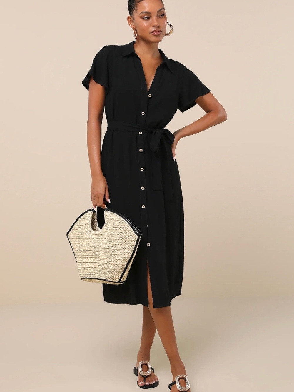 Lulus Italian Summer Black Linen Button-Up Short Sleeve Midi Dress